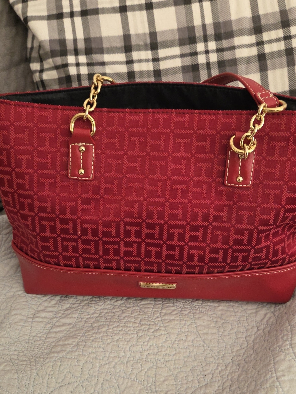Tommy Hilfiger Red Monogram Tote with Gold Chain Handles